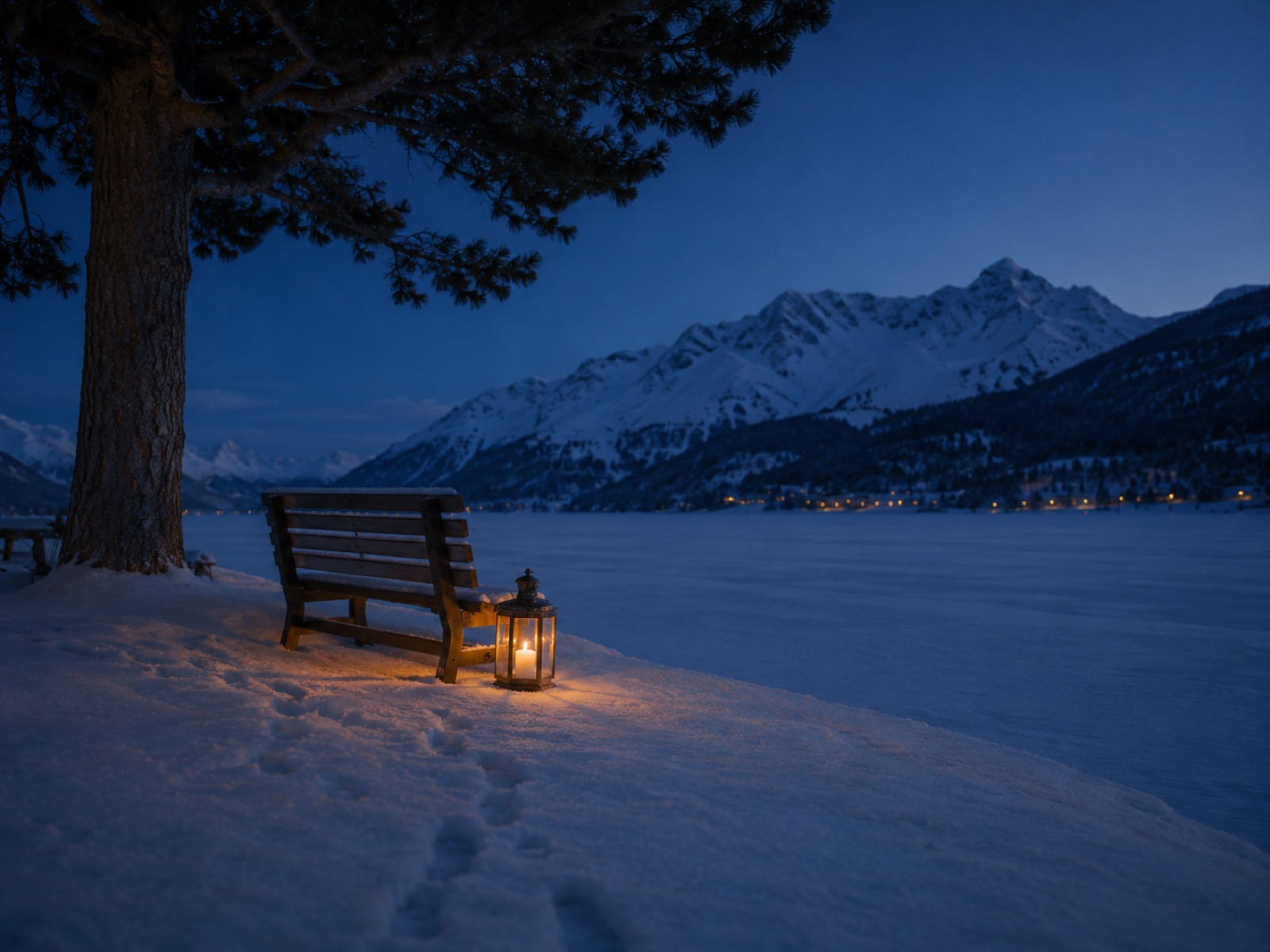 Bank mit Laterne an der verschneiten Seepromenade